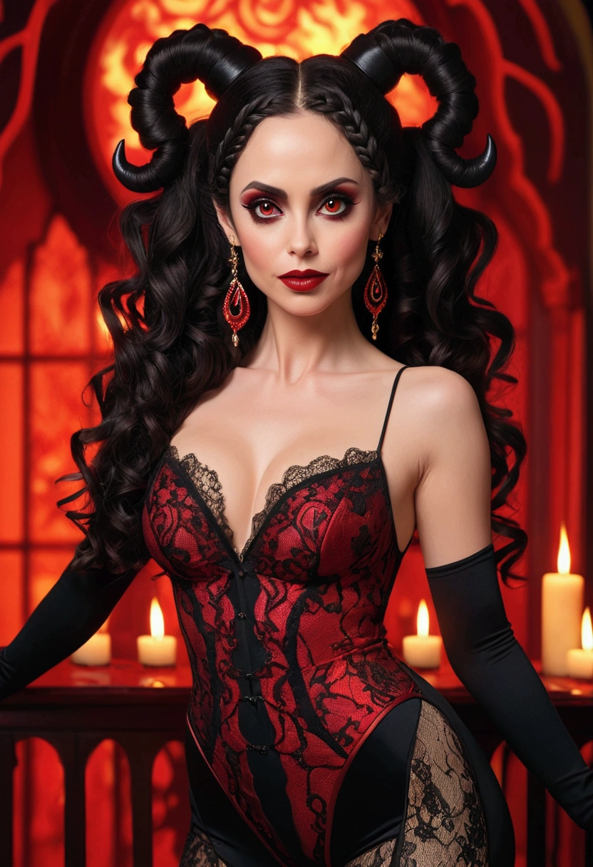 Full body shot Eliza Dushku devil, ringlets wavy five feet long black hair, updo hairstyle with ponytail on one side and long hairpins holding the bun long braid, strong thighs, dark red glossy lips, heavy red eye shadow long red eyeliner, long sharp claws, red lace beautiful and creative devil bodysuit, huge cleavage, devil horns, no earrings, no earrings, no earrings, no jewels, beautiful forehead lace ornament, posing in a feminine devil hell, happy expression, red ambience night time fire lights. No faces on her chest!
