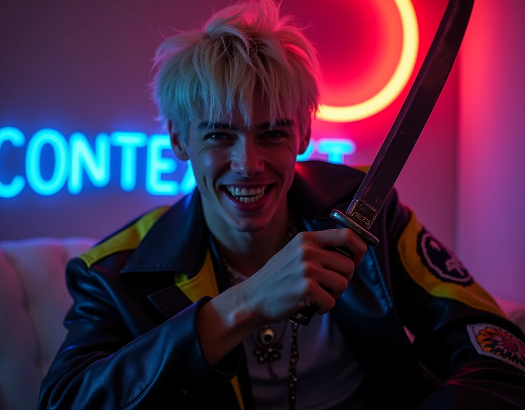 male fashion model,181cm tall, 22 years, pale skin, blue eyes, short hair, platinum blond hair, messy hair, side swept bangs, black leather jacket with yellow and bright blue accents, holding a dagger up:1.2, dark lighting, in luxury BDSM room, evil smiling expression, he has sharp cut teeth, neon red crescent moon and blue neon sign in background that says "CONTEXT":1.1