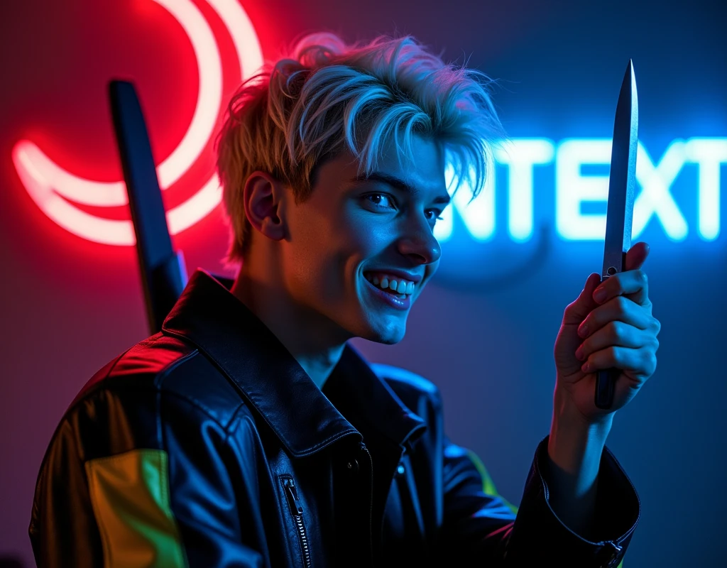male fashion model,181cm tall, 22 years, pale skin, blue eyes, short hair, platinum blond hair, messy hair, side swept bangs, black leather jacket with yellow and bright blue accents, holding a dagger up:1.2, dark lighting, in luxury BDSM room, evil smiling expression, he has sharp cut teeth, neon red crescent moon and blue neon sign in background that says "CONTEXT":1.1