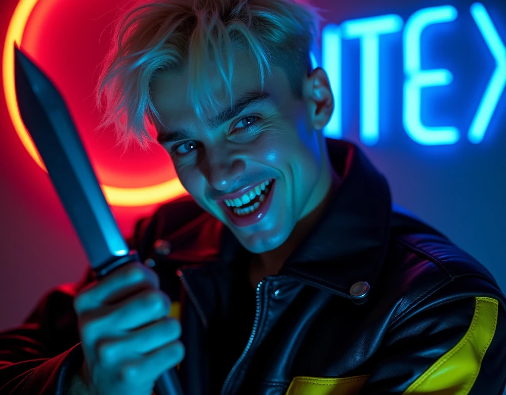 male fashion model,181cm tall, 22 years, pale skin, blue eyes, short hair, platinum blond hair, messy hair, side swept bangs, black leather jacket with yellow and bright blue accents, holding a dagger up:1.2, dark lighting, in luxury room, evil smiling expression, he has sharp cut teeth, neon red crescent moon and blue neon sign in background that says "CONTEXT":1.1