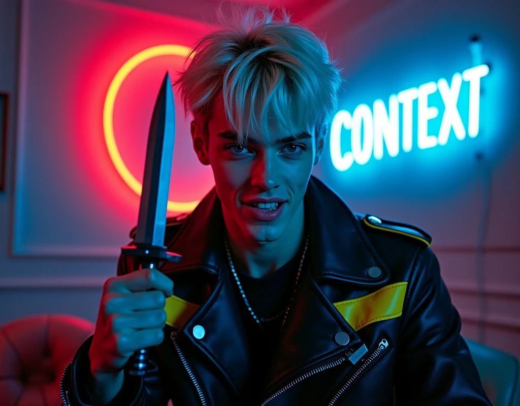 male fashion model,181cm tall, 22 years, pale skin, blue eyes, short hair, platinum blond hair, messy hair, side swept bangs, black leather jacket with yellow and bright blue accents, holding a dagger up:1.2, dark lighting, in luxury BDSM room, evil smiling expression, he has sharp cut teeth, neon red crescent moon and blue neon sign in background that says "CONTEXT":1.1