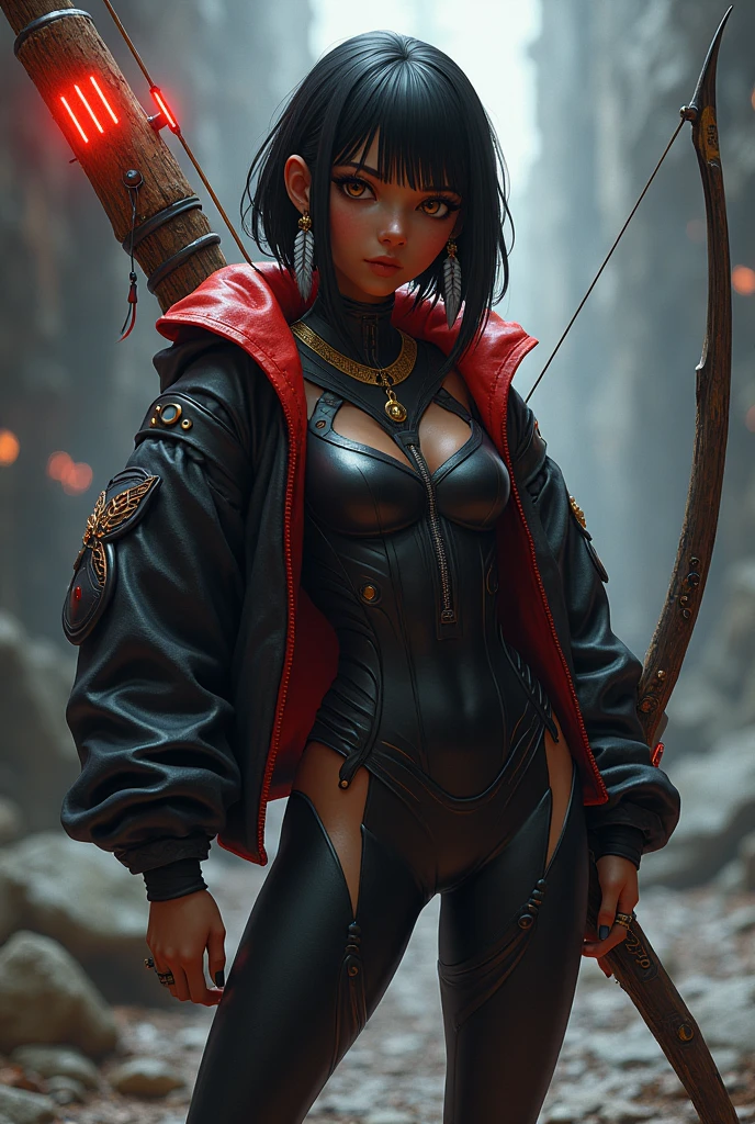 create a full body valorant game style art image, dark-skinned, indigenous traits, with straight short black hair, bangs and red highlights, light brown slanted eyes, with a feather earring and a wetsuit-like outfit and a black and red jacket with feathers, holding a bow with red LED and carved wood details