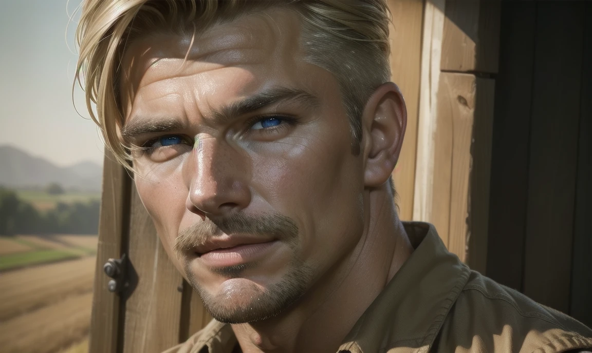 [((highly detailed, detailed eyes, detailed face, clear and realistic facial features, photorealistic, realistic light, cinematic)), ((((1 man)))), Mark is a handsome and alluring slender but muscular male farmer father aged 45 with short blond hair and a neat moustache and blue eyes and weathered skin wearing a flannelette shirt, ((sexy rural gay farmer)), ((greying dark-blond hair)), (((weathered mature face))), (((Mark has a seductive smirk on his face and a slight blush on his cheeks))), There is a charming yet dry southern farm in the background, (((air of sexual tension))) (((alluring longing glance)))]