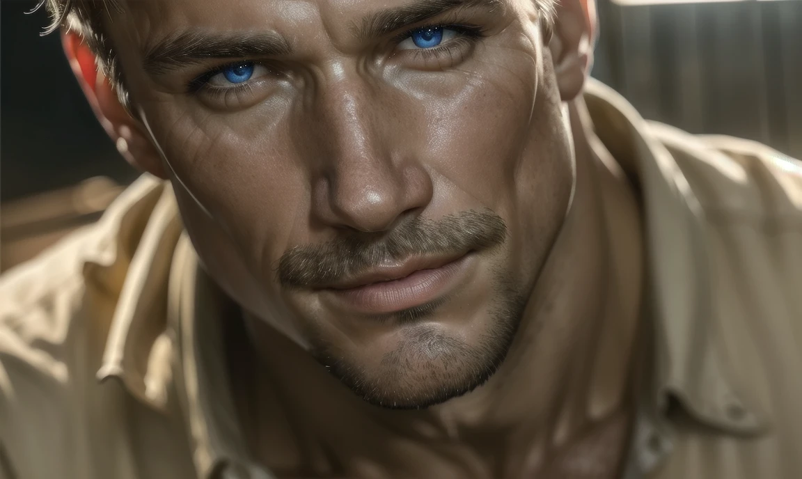 [((highly detailed, detailed eyes, detailed face, clear and realistic facial features, photorealistic, realistic light, cinematic)), ((((1 man)))), Mark is a handsome and alluring slender but muscular male farmer father aged 45 with short blond hair and a neat moustache and blue eyes and weathered skin wearing a flannelette shirt, ((sexy rural gay farmer)), ((greying dark-blond hair)), (((weathered mature face))), (((Mark has a seductive smirk on his face and a slight blush on his cheeks))), There is a charming yet dry southern farm in the background, (((air of sexual tension))) (((alluring longing glance)))]