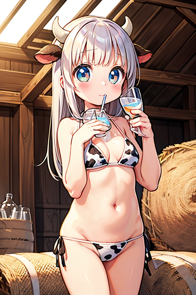 Beautiful illustration, best quality, cute girl, ((Inside a barn)), pastel color, natural tones, ((Hay bale at background)), ((Dark Bangs)), ((Cow Horns)), ((Looking at viewer)), ((Slim body)), ((Cow bikini)), ((Happy)), (Blush), bright lighting, ((Big eyes)), ((Drinking a glass of milk)), ((Perfect hands))