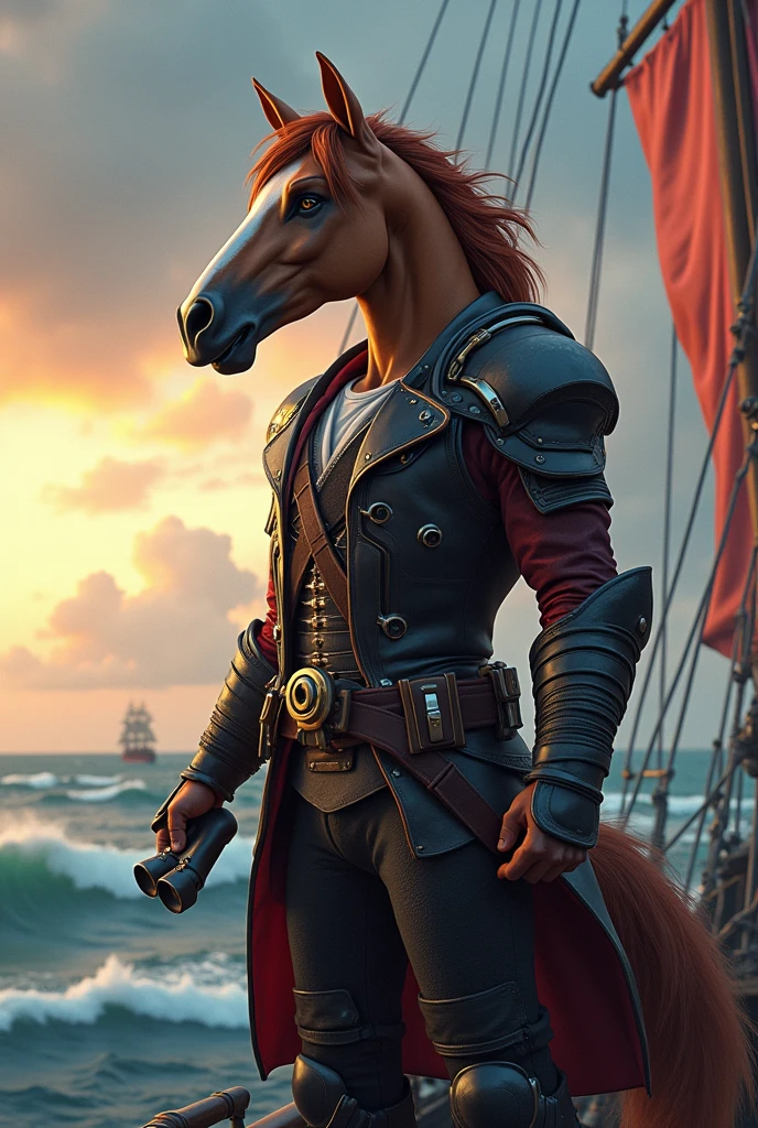 An image of an anthropomorphic pirate knight, displaying a unique and fascinating look. He is wearing binoculars, looking into the distance with a determined and adventurous air. His pirate costume is ultra-modern, combining traditional elements with a contemporary and stylized touch. The knight should have harmoniously blended human and equine features. His face should reflect equine features, such as an elongated snout and horse ears, while his body should be muscular and well-proportioned, with more human-like hands and feet. His pirate costume should be a fusion of classic and modern, with a stylized leather jacket, sturdy boots and accessories such as belts with metal buckles and a modern pirate hat. The costume may include technological elements, such as water-resistant fabrics and metallic details that enhance the look. He holds a pair of high-tech binoculars in one hand and may be in a dynamic pose, perhaps standing on the bow of a futuristic pirate ship or on a raised platform, looking out at the horizon. The knight's expression should be one of confidence and determination, reflecting his role as a leader and explorer. The background may include a seascape, with waves crashing and perhaps a view of other ships in the distance, under a dramatic sky. The lighting should highlight the details of the knight’s costume and physical features, creating a striking and captivating visual effect. The image should be of high quality, with sharp details and a composition that captures the character’s adventurous and powerful essence. Ensure that every aspect is meticulously detailed (1.2), from his exquisitely drawn face (1.2) to the vibrant gradients and tones that bring the scene to life. His eyes, full of depth and detail (1.2), should draw the viewer in, against a richly detailed background and landscape. Employ a dynamic angle (1.2) and pose (1.2), adhering to the rule of thirds (1.3) and incorporating a strong line of action (1.2) for a compelling composition.