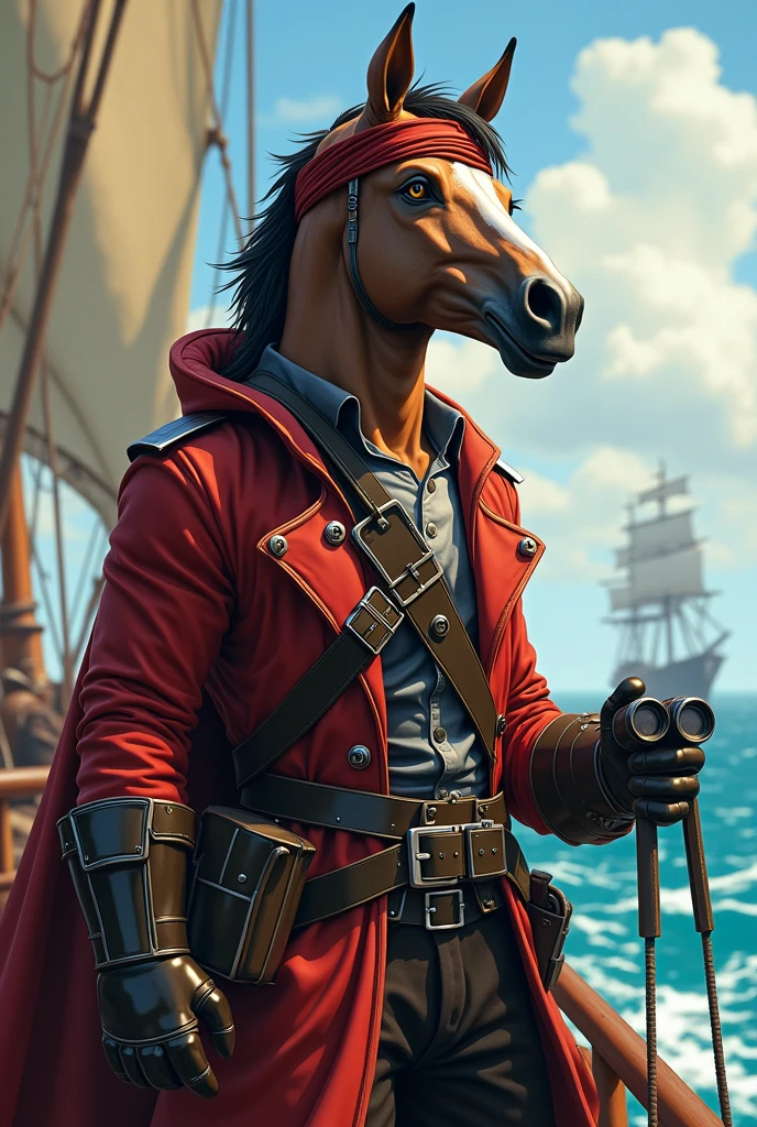 An image of an anthropomorphic pirate knight, displaying a unique and fascinating look. He is wearing binoculars, looking into the distance with a determined and adventurous air. His pirate costume is ultra-modern, combining traditional elements with a contemporary and stylized touch. The knight should have harmoniously blended human and equine features. His face should reflect equine features, such as an elongated snout and horse ears, while his body should be muscular and well-proportioned, with more human-like hands and feet. His pirate costume should be a fusion of classic and modern, with a stylized leather jacket, sturdy boots and accessories such as belts with metal buckles and a modern pirate hat. The costume may include technological elements, such as water-resistant fabrics and metallic details that enhance the look. He holds a pair of high-tech binoculars in one hand and may be in a dynamic pose, perhaps standing on the bow of a futuristic pirate ship or on a raised platform, looking out at the horizon. The knight's expression should be one of confidence and determination, reflecting his role as a leader and explorer. The background may include a seascape, with waves crashing and perhaps a view of other ships in the distance, under a dramatic sky. The lighting should highlight the details of the knight’s costume and physical features, creating a striking and captivating visual effect. The image should be of high quality, with sharp details and a composition that captures the character’s adventurous and powerful essence. Ensure that every aspect is meticulously detailed (1.2), from his exquisitely drawn face (1.2) to the vibrant gradients and tones that bring the scene to life. His eyes, full of depth and detail (1.2), should draw the viewer in, against a richly detailed background and landscape. Employ a dynamic angle (1.2) and pose (1.2), adhering to the rule of thirds (1.3) and incorporating a strong line of action (1.2) for a compelling composition. 