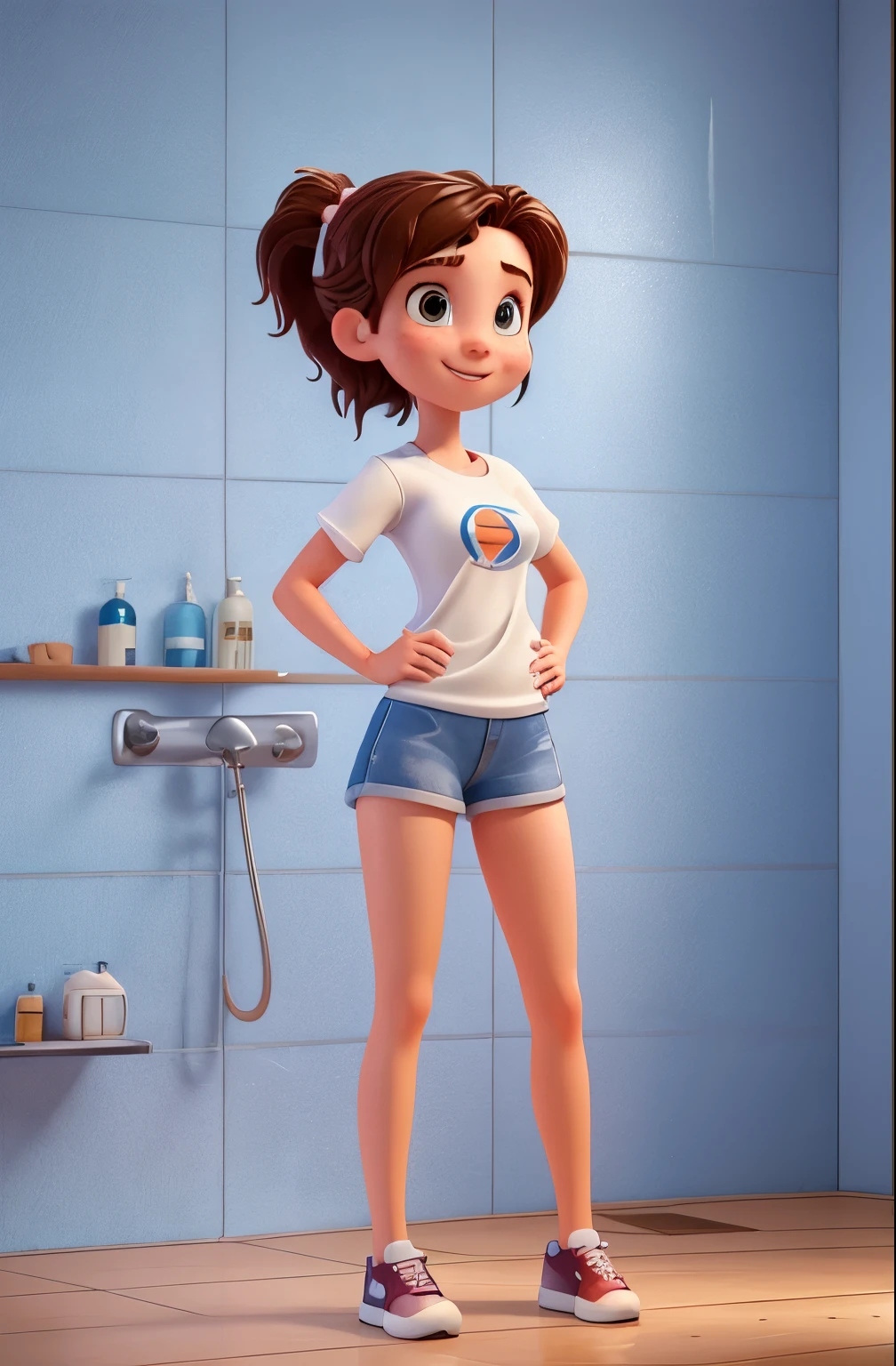 23 years old, sporty pixar mom, looking aroused, full body view, short in height, exposed figure, holding a white towel, standing in front of a shower, wet hair, wet skin, freckles, small perky breasts, super high detail, super high quality, hot, open legs, shy smile