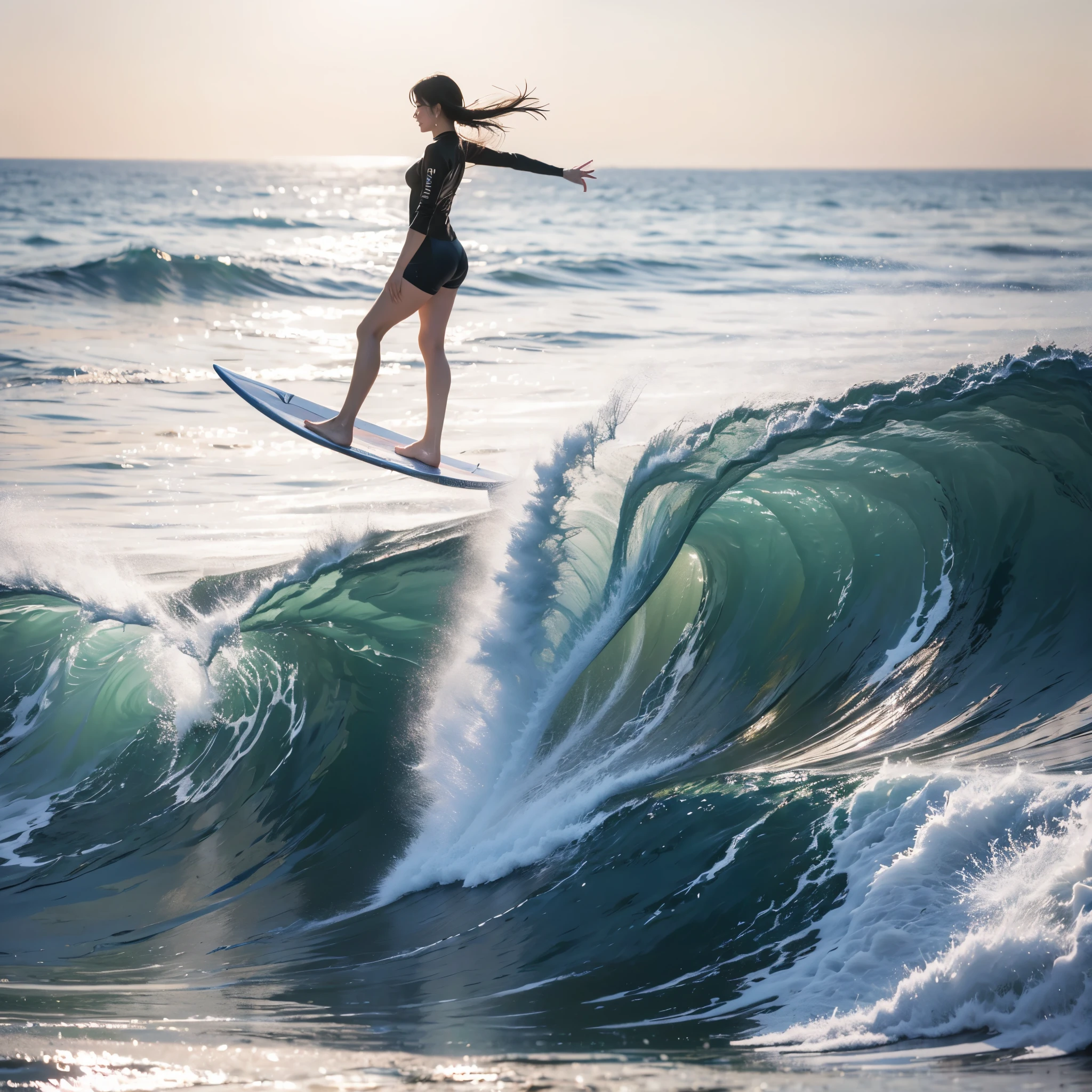 (Luminism:1.28), Side view, TopQuality 8K Masterpiece (ProfessionalPHOTO:1.37) (Extremely Detailed (A girl Standing on a Life Size straight surfboard)), Colorful morning Glory Rays, (There is Only one surfboard under her feet:1.32) Sparkling Waves Splashing water Particles, Glowing Wet Hair, hourglass body type, Dynamic motion blur, Perfect Hand, (Surfing Photos:1.4) (nothing hold)