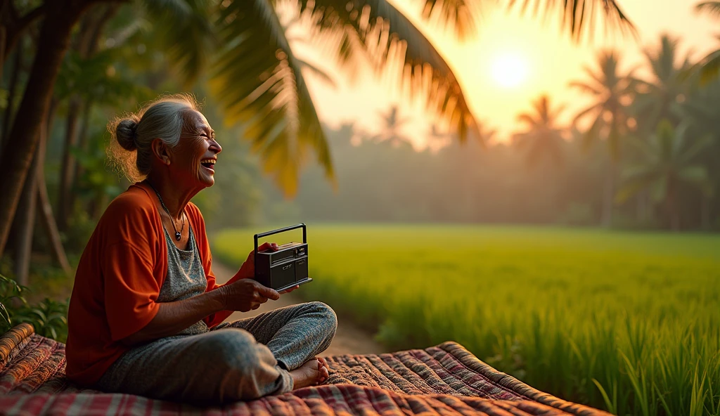 A 70-year-old Thai grandmother laughs while listening to a transistor radio on a bamboo bed in her backyard. Coconut trees grow along the rice field's ridges. The rice field is warmly lit by the evening sun. HDR virtual reality.