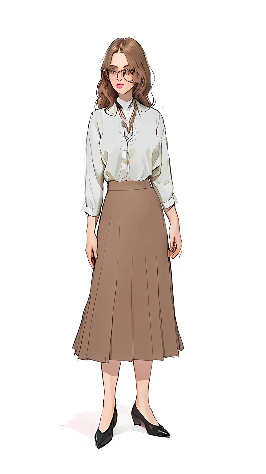 caricature of a woman in a skirt and shirt, Women's outfit, clothing design, full body illustration, wide skirts,, Detailed fashion illustration, Midi skirt, In the spirit of Hermione Hammond, female main character, rotoscoped, mid body portrait, Woman in office dress, In the style of Corey Loftis, woman model, wear a skirt, Official character art, feminine proportions