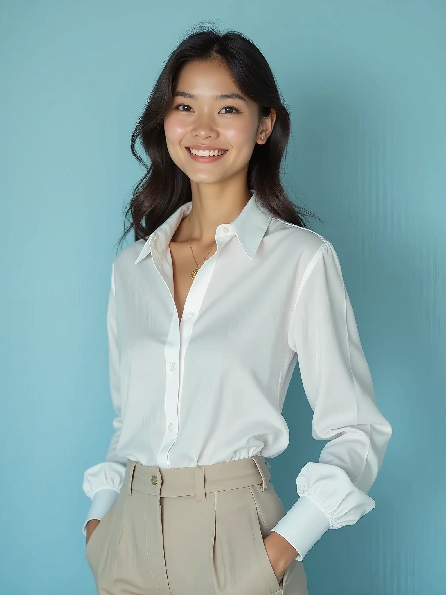 a young woman of 20 years old, detailed portrait, long sleeve minimalist shirt with perfect fit, elegant and discreet formal pants, beautiful hair and perfect smile, light blue background, high quality portrait, photorealistic, cinematic lighting, fashion editorial, elegant, refined