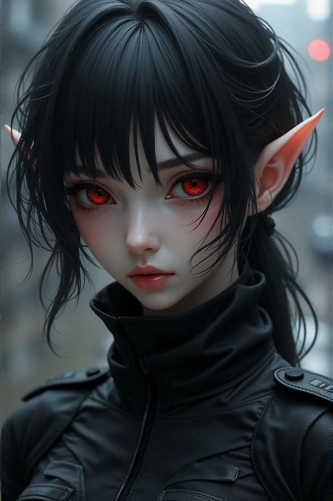 She is a girl with elf ears, one small fangs, blood-colored eyes and pupils similar to those of wolves, hair black as night,but with silver locks, short to the neck and wavy. an all-black military camouflage suit, a cold and serious personality