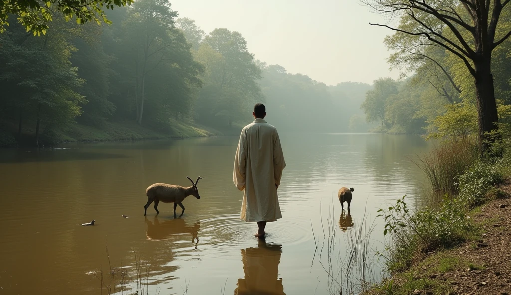 The disciple walked near the pond some animals had walked across and the lake water was muddy