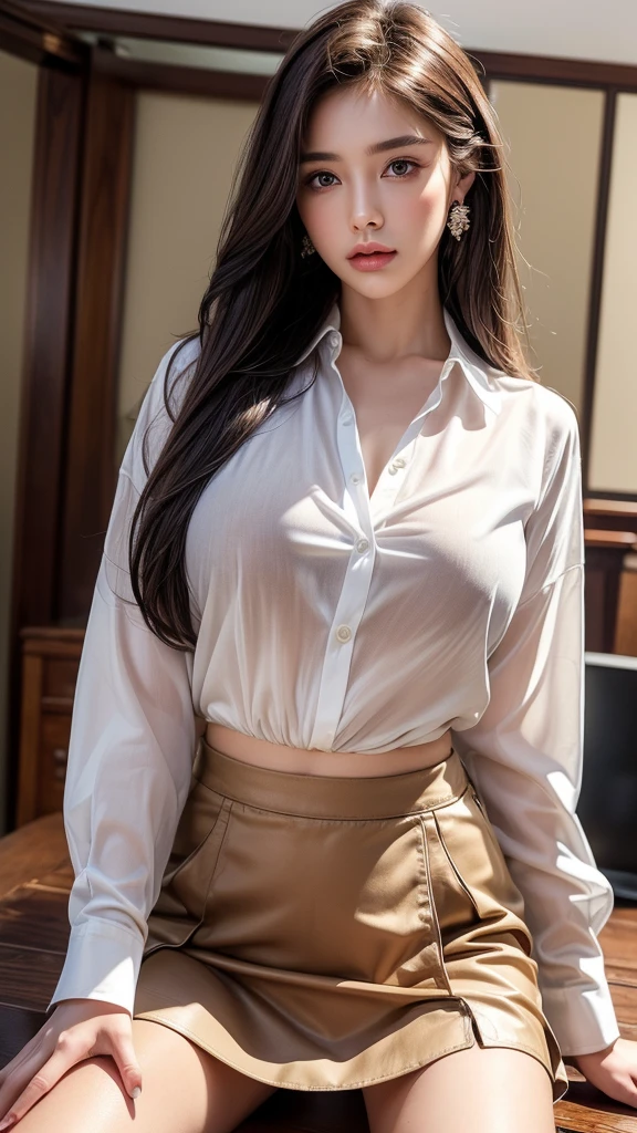 (8K, highest quality, masterpiece:1.2),  (realistic, Photoreal:1.37),  Super detailed, one girl, (very detailed), (detailed and beautiful eyes), ((((highly detailed artwork))))、Earrings、((Two-toned hair))、[pink hair]、(((Inside a stylish secondhand clothing store)))、(masterpiece、Highest quality、In 8K、32K、masterpiece、Super huge 、Ultra-high resolution、Impressionism、Realistic:1.2)、((fullbody)), ((Cowboy Shot)),  Sharp focus、Beautiful face with detailed background of face and eyelids、Glowing Skin、Sharp pupils、Realistic eyes and beautiful face、Blurred Background、Beautiful 28 year old girl、Glowing Skin、(((bright and beautiful hair)))、iris、curve、Powerful composition,  ((seductive looks))、((horny expression))、

A young woman,  (long hair),  (straight dark brown hair),  ((wearing a white button-up shirt that is slightly sheer)),  ((tucked into a high-waisted black skirt)), unbuttoned shirt in upper side,
 She is seated on a wooden surface,  natural sunlight to illuminate the scene,  The overall mood is professional and sophisticated、