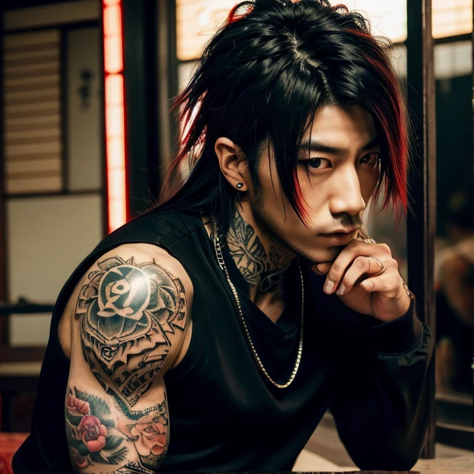 1 man, Japanese man, male, Asian eyes, muscular, broad shoulders, yakuza tattoos, hairstyle Visual Kei style, hair Visual Kei, black men's shirt and black pants, ultra detailed face, hyperrealistic, realistic representation, long hair, long hair, 30 years old, age 30 years, blonde hair