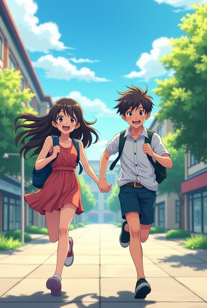 An anime style school setting of a girl and a boy holding hands running together smiling looking forward, half body