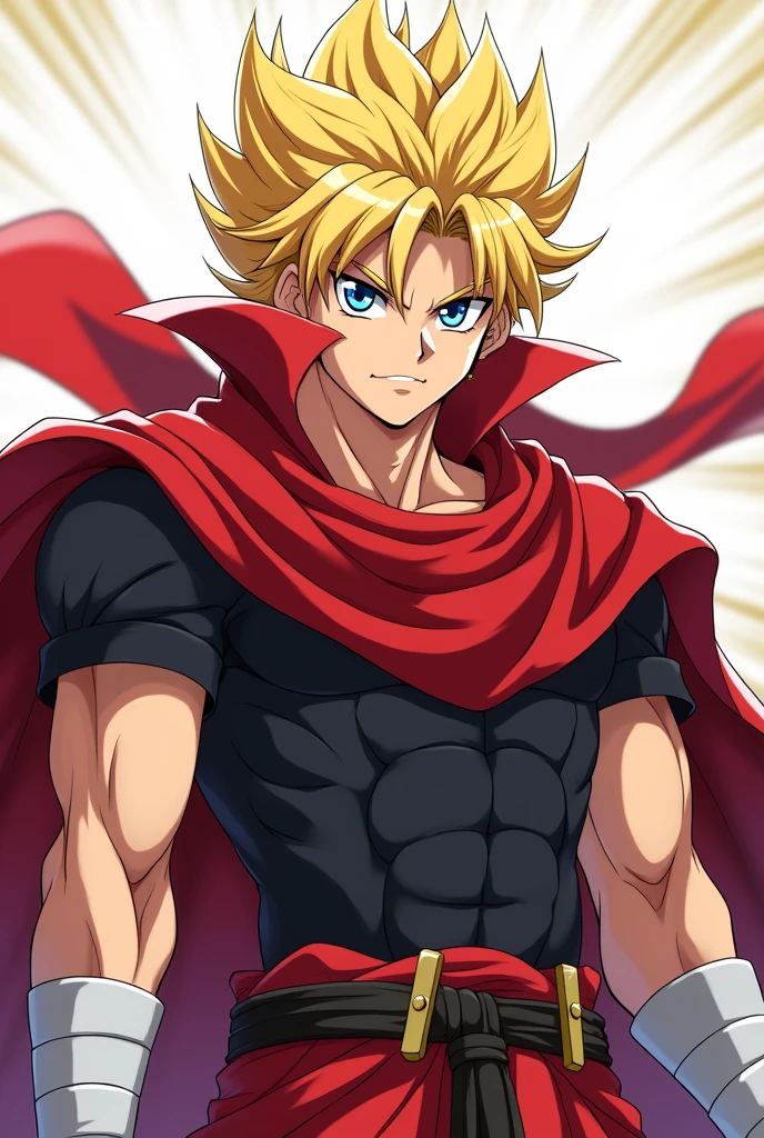 styled: アニメ, inspired by the Knights of the Zodiac.
body hair: blond, with a cut similar to Seiya&#39;s, but with a more pronounced tuft. The hair should have a slight upward movement., giving a more relaxed air.
eyeballs: blue, expressive and with an intense shine.
vestimentas:
Base: Red cotton t-shirt, tight to the body and long sleeves male character Put white bands on the forearm leaving only the fingers showing and a black shirt Over the red shirt and Increase the muscles The black shirt should be overlapped over the red shirt The long-sleeved red shirt goes underneath and the short-sleeved black shirt goes on top as an overlap The shirt has long sleeves The shirt has long sleeves And there are 2 pieces of clothing The bottom shirt is red and the top is black I am one of the It&#39;s not like that it&#39;s wrong it&#39;s not like that Cool to be almost good The top shirt should be all black and the long-sleeved bottom shirt all red and the hair with a fall