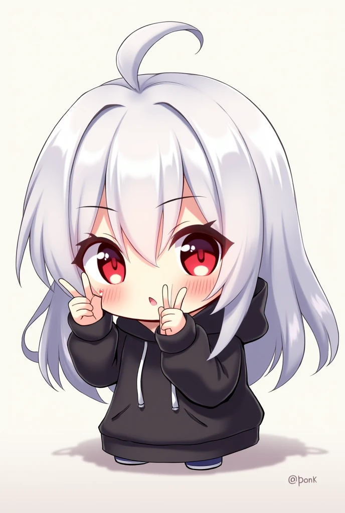 Chibi anime girl with long white hair and red eyes wearing a black hoodie with her hands in a v shape 