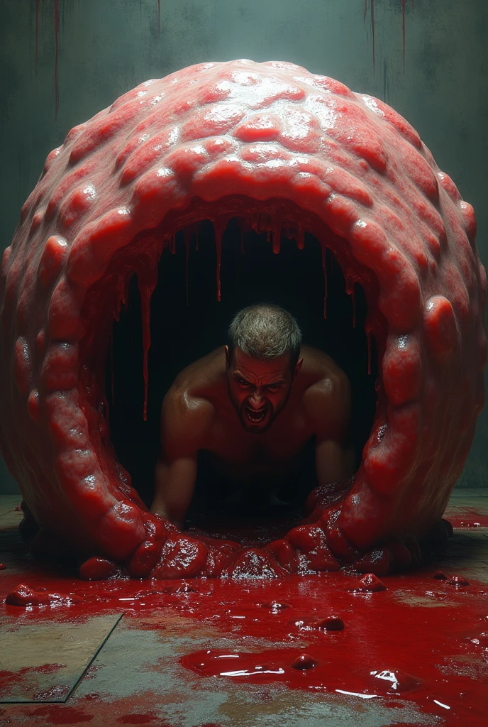 Dramatic, man emerging from inside meat blob, round blob, blood, meat