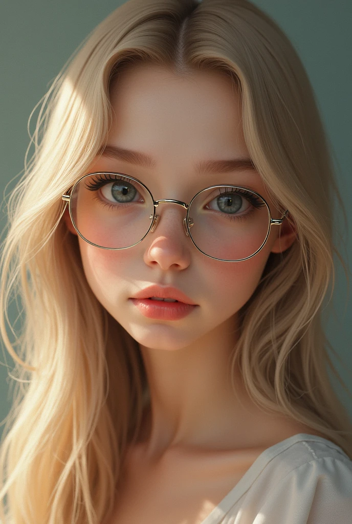Create a young girl with long, straight, slightly blonde hair wearing round prescription glasses, youthful face, 16 years and up