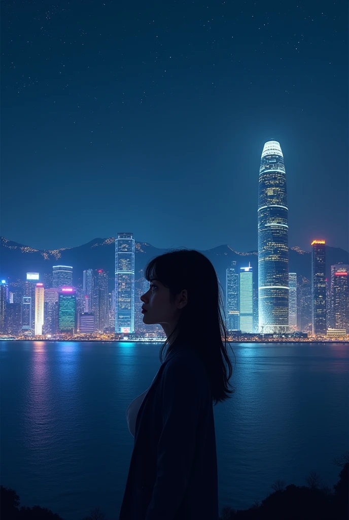Close to the sea and mountains　Night view of glittering buildings in the distance　A woman in profile looks at the night view of Hong Kong in the distance