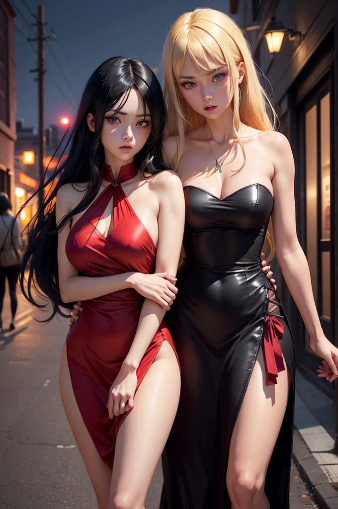 A captivating anime illustration of two stylish college-aged yandere women. The first woman has long, black hair that falls gracefully past her shoulders, adorned with a black and red hair clip. She is naked . Her eyes are a piercing red, showcasing her intense emotions. The second woman has shoulder-length blonde hair with a side fringe, styled with a red bow. She is naked too . Like her companion, her eyes are also a striking red hue. The background is cinematic, with a vibrant cityscape and a deep purple sky, emphasizing the dramatic and intense atmosphere of the scene., cinematic, illustration, anime