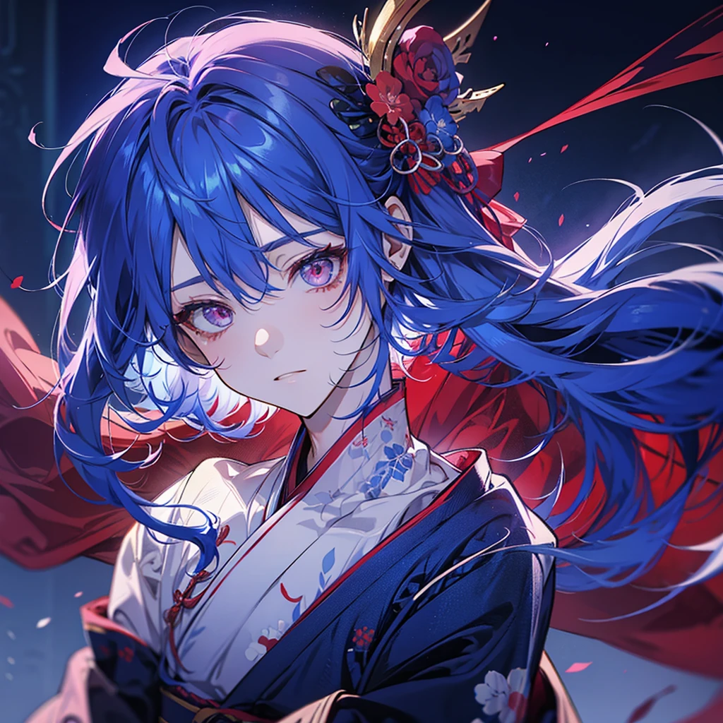 Male, blue hair, red horns, red eyes, calm eyes, blue yukata, one purple hair