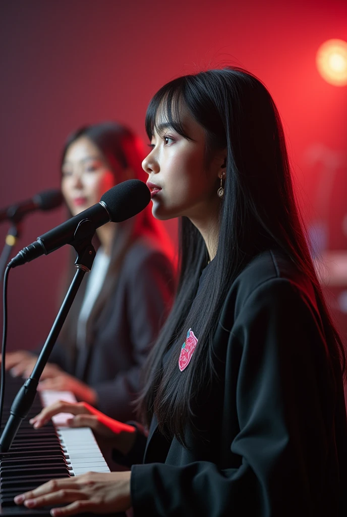 kpop female auditions in a studio. a girl with long black hair have sticker sticked on her top. judges sitting in front of her. girl singing full length
