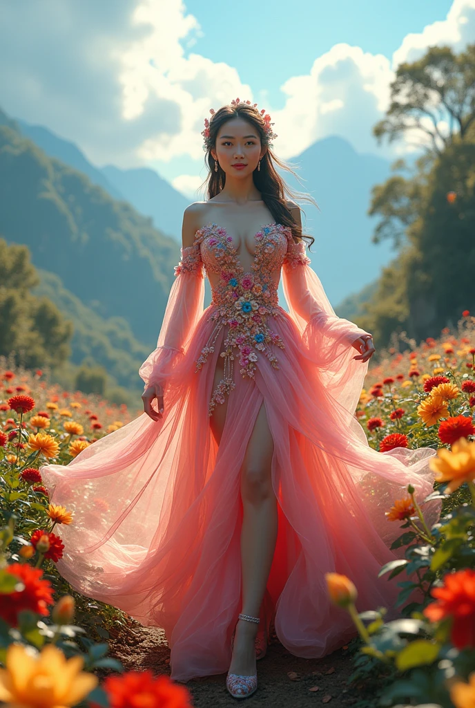 a Vietnamese woman with huge breasts, wearing a dress made of flowers, under her feet and behind her is a forest of blooming flowers, with all kinds of flowers in many colors, each flower has the colors of blue, red, yellow, green, purple, with sunlight shining through the leaves,
on the distant mountains are mountains with white clouds swirling around, wearing a gorgeous outfit, gorgeous dress, intricate dress, elegant fire dress, gorgeous and elegant, lavish dress, inspired by Hedi Xandt, gorgeous dress, intricate dress, gorgeous royal dress, gorgeous clothes, gorgeous dress, intricate and elegant, dress with intricate details, gorgeous, high heels, royal dress, detailed hands, Fire in the body, water on the dress, lightning element, fire element, lightning wings, full water, Transparent clothes, masterpiece, best quality: 1.2),, (8k, high resolution, RAW image, real realistic, photorealistic: 1.3), (detailed skin texture, detailed cloth texture, detailed water, detailed trees, detailed textured flowers, detailed leaves, detailed colors, beautiful detailed faces: 1.25), professional lighting, photon mapping, beautiful soft light, radiosity, physically based rendering, ray tracing, model shooting style, model shooting style, (ultra detailed unity 8k CG wallpaper), the most beautiful full body art in the world,