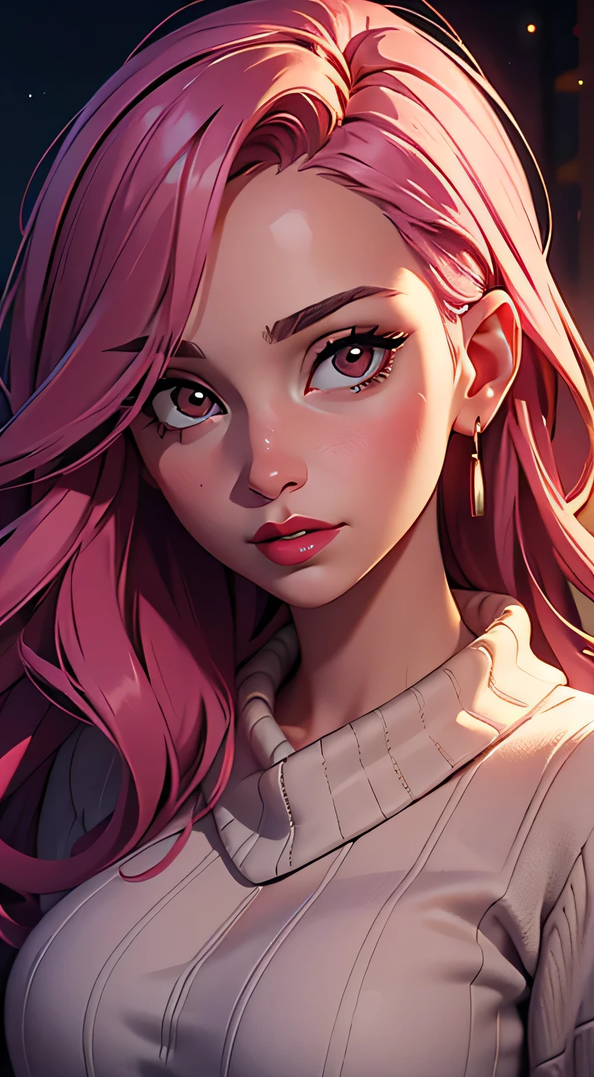 Amazing portrait of a woman who is 30 years old and an adult and a sexy neighbour next door wearing a loose oversized pink sweater during night time with soft lighting showcasing her red lips and her beautiful face in detail and close up