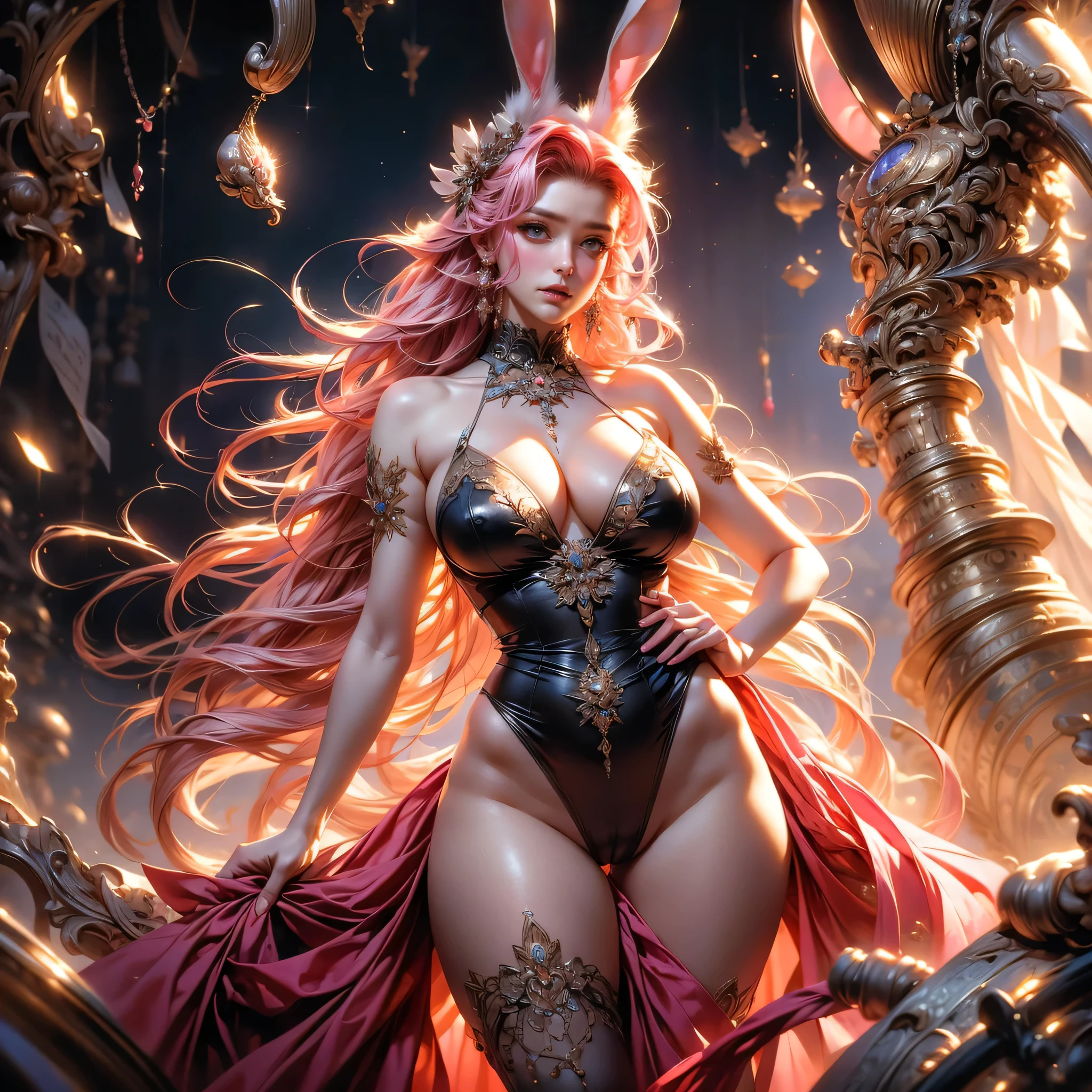 Best Quality, masterpiece, realist, meticulous detail, A beautiful and ethereal woman in an ethereal sky.., big chest, very long legs, big hips, surprising, y, happy, ray tracing, pink hair, (rabbit ears)