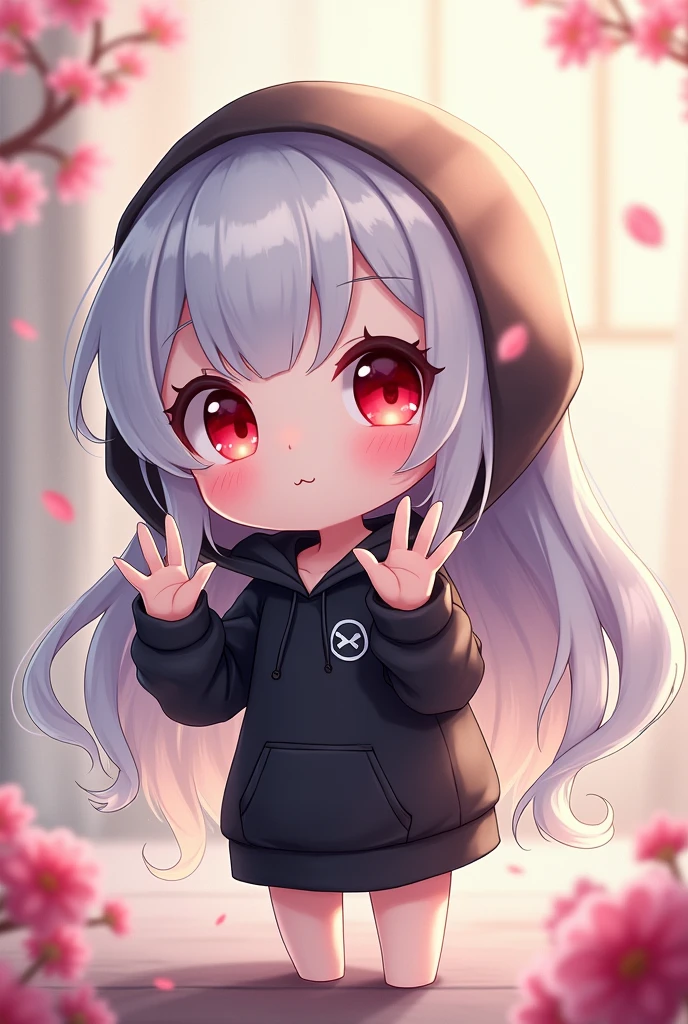 Chibi anime girl with long white hair and red eyes wearing a black hoodie with her hands in a v shape
