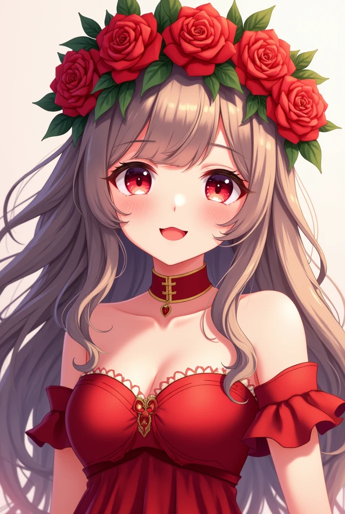 (masterpiece),(best quality:1.0), (ultra highres:1.0), detailed illustration, 8k, anime, 1girl, beautiful anime girl, wearing a red dress, flower crown, pretty face, detailed face, beautiful eyes, detailed eyes, dark red eyes, bright red lips, red lipstick, beautiful stylish hair, highlights in hair, bangs anime style, best quality, vibrant