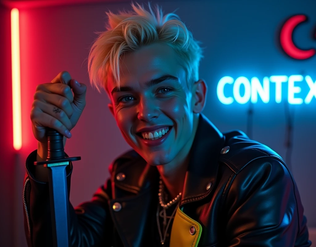 male fashion model,181cm tall, 22 years, pale skin, blue eyes, short hair, platinum blond hair, messy hair, side swept bangs, black leather jacket with yellow and bright blue accents, holding a dagger up:1.2, dark lighting, in luxury BDSM room, evil smiling expression, he has sharp inhuman teeth, neon red crescent moon and blue neon sign in background that says "CONTEXT":1.1