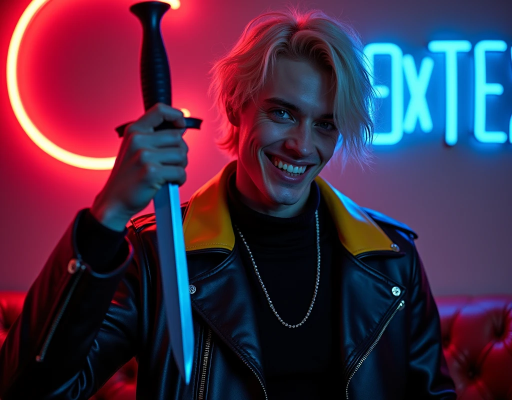 male fashion model,181cm tall, 22 years, pale skin, blue eyes, short hair, platinum blond hair, messy hair, side swept bangs, black leather jacket with yellow and bright blue accents, holding a dagger up:1.2, dark lighting, in luxury BDSM room, evil smiling expression, he has sharp inhuman teeth, neon red crescent moon and blue neon sign in background that says "CONTEXT":1.1