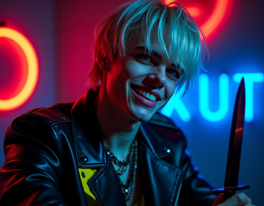 male fashion model,181cm tall, 22 years, pale skin, blue eyes, short hair, platinum blond hair, messy hair, side swept bangs, black leather jacket with yellow and bright blue accents, holding a dagger up:1.2, dark lighting, in luxury BDSM room, evil smiling expression, he has sharp inhuman teeth, neon red crescent moon and blue neon sign in background that says "CONTEXT":1.1