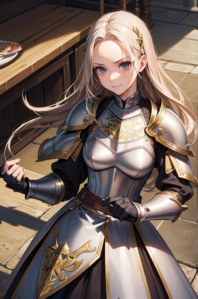 masterpiece,best quality,extremely detailed CG,ultra-detailed,1woman,fantasy,general,swordfighter,angry smile,elaborately designed plate armor,forehead protector,