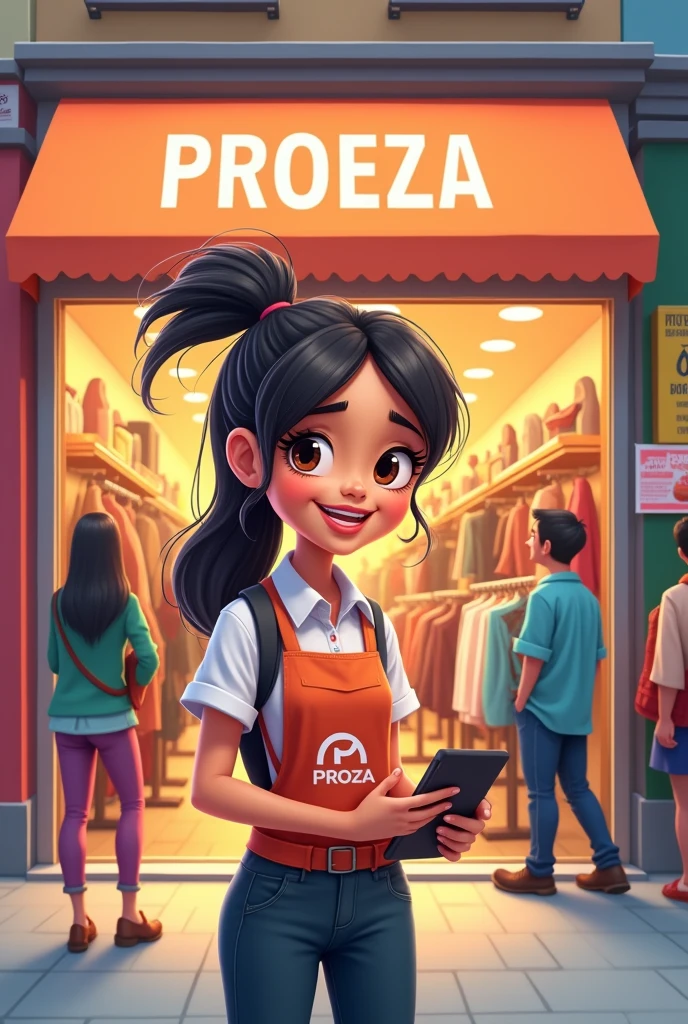 A girl serving a clothing store named Proeza in a cartoon 