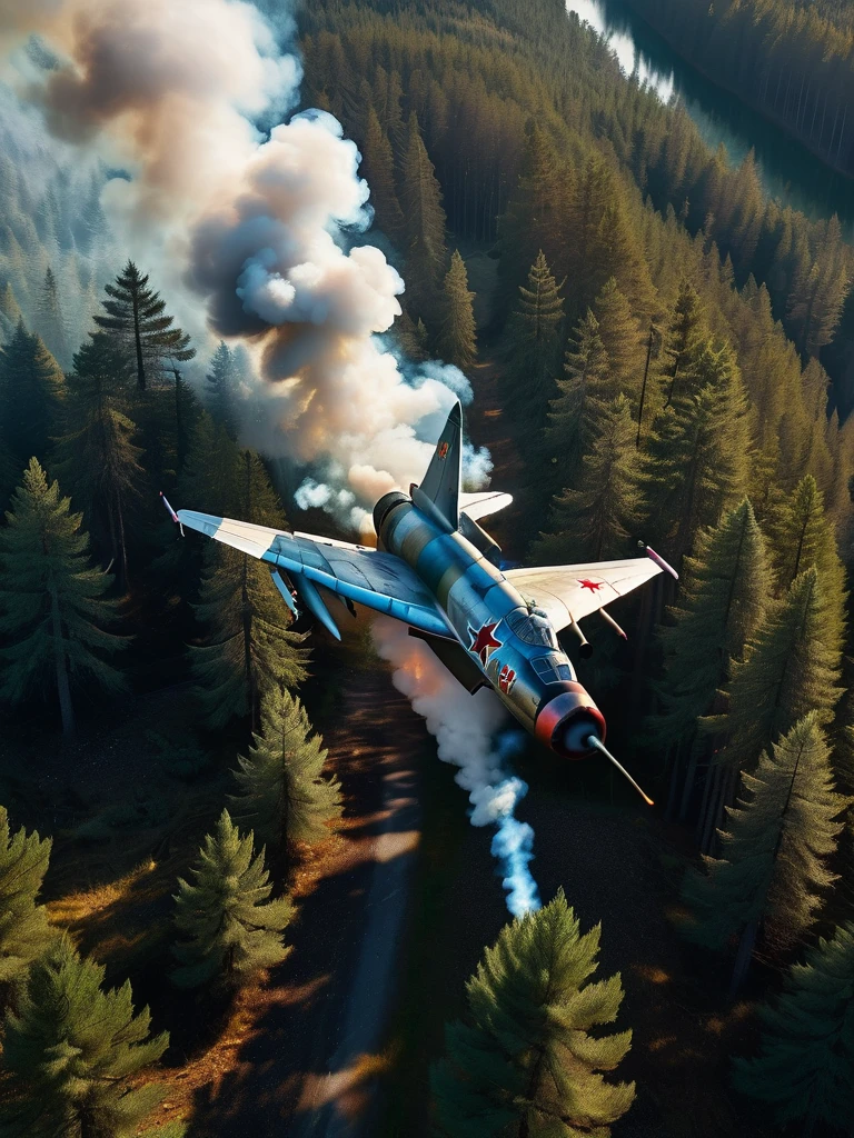 a mig-21 fighter jet, view from above, flying high over lush pine forest, morning, burning tail, plane on fire, 1960s, high altitude, engine fire, engine smoke, engine damage, fuselage damage, hyperrealistic, photorealistic, 8k, ultra-detailed, cinematic lighting, dramatic, highly detailed aircraft, realistic smoke and flames, intricate details, vibrant colors, beautiful landscape, realistic textures, volumetric lighting