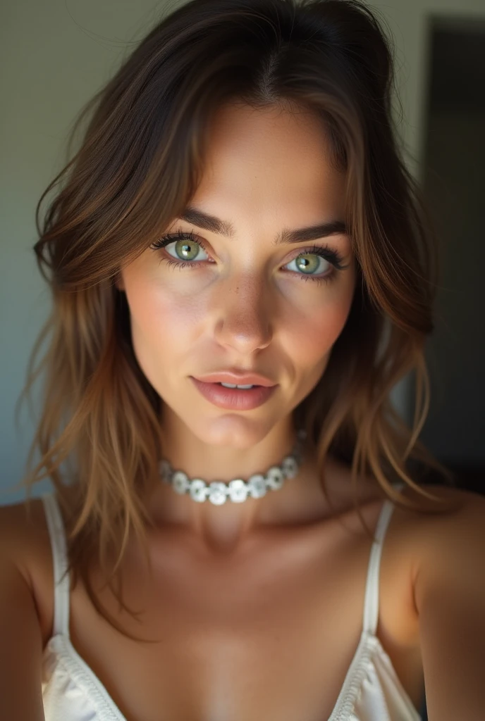 femme arafée avec un débardeur blanc et un collier, Fille sexy aux yeux verts, Portrait Sophie Mudd, cheveux bruns et grands yeux, selfie d&#39;une jeune femme, yeux de la chambre, violette myers, sans maquillage, maquillage naturel, regarder directement la caméra, visage avec artgram, maquillage subtil, stunning tout le corps shot, yeux verts perçants, bel angle, pose attrayante, jolie fille, pose sexy, tout le corps picture, tout le corps, tout le corps shoot, déesse brune, Détails élevés