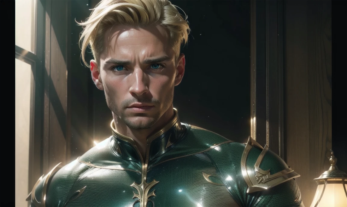 [((highly detailed, detailed eyes, detailed face, clear and realistic facial features, photorealistic, realistic light, cinematic)), (1 man), Gorgeous and sexy and powerful masculine male angel with large wings, ((short blond hair, green eyes)), ((35 years old)), ((wearing flattering clothes)), (((aura of divine power))), standing in a cozy apartment at nighttime, ((light blush)), (((wearing an indignant expression)))]