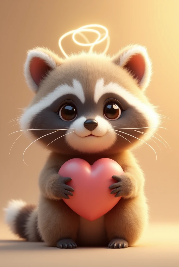A captivating photograph of a cute extra fluffy realistic raccoon,-like creature with a gentle expression, holding a heart close to its chest. The creature has soft, round features and large, expressive eyes that gaze upwards. The background is a warm, soft beige, creating a cozy atmosphere. Around the raccoon's head, delicate, curved lines form a halo-like aura, adding to the tender and affectionate mood of the image., photo, 3d render, conceptual art
