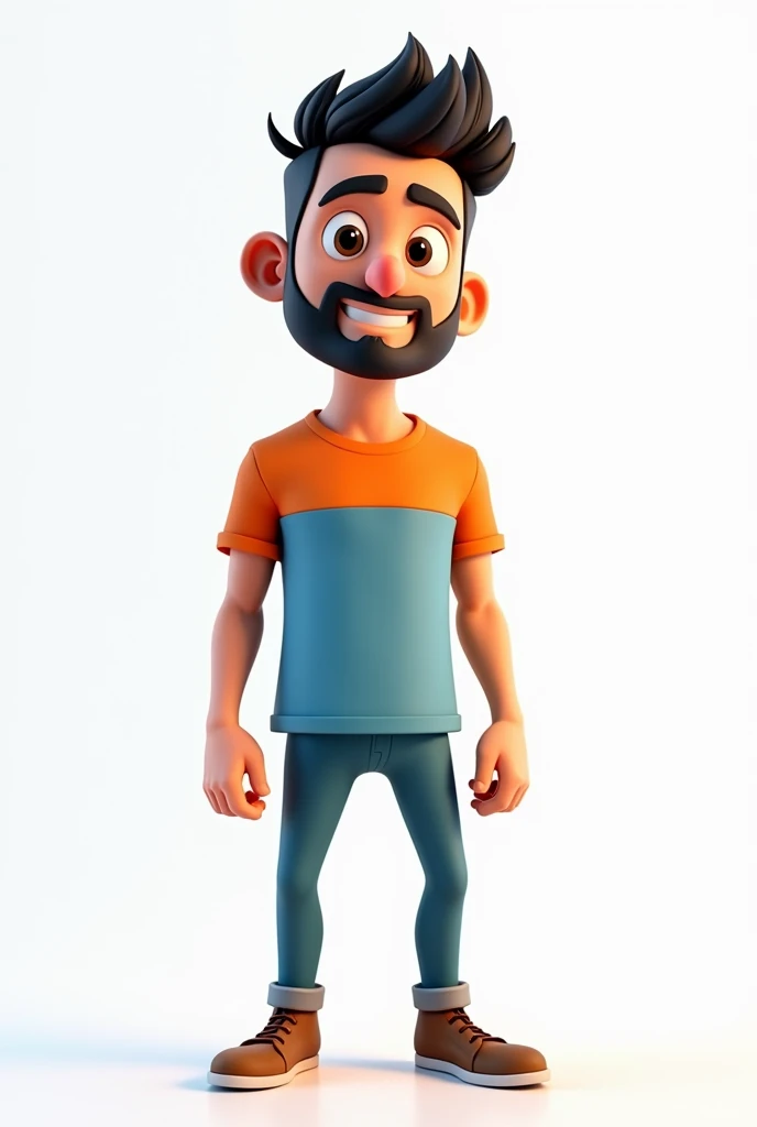 create a 3d image/cartoon , of a 30 year old man, short black hair, with a goatee, blue and orange t-shirt, white background