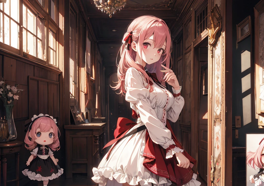 Realistic photos, Focus distance 10mm, Red and white, Beautiful girl, Realistic photos, Shooting at focus distance 10mm, masterpiece, 最high quality, high quality, Very detailed CG 8k wallpaper unit, Award-winning photography, Depth of written boundary, High resolution, bloom, chromatic aberration, Realistic, Very detailed, Art Station Trends, CGsociety Trends, Complex, High detail, dramatic, Art on the go, volumetric lighting, Beautiful girl in the lobby of an old dollhouse infested with zombie dolls, pink hair, spooky lighting