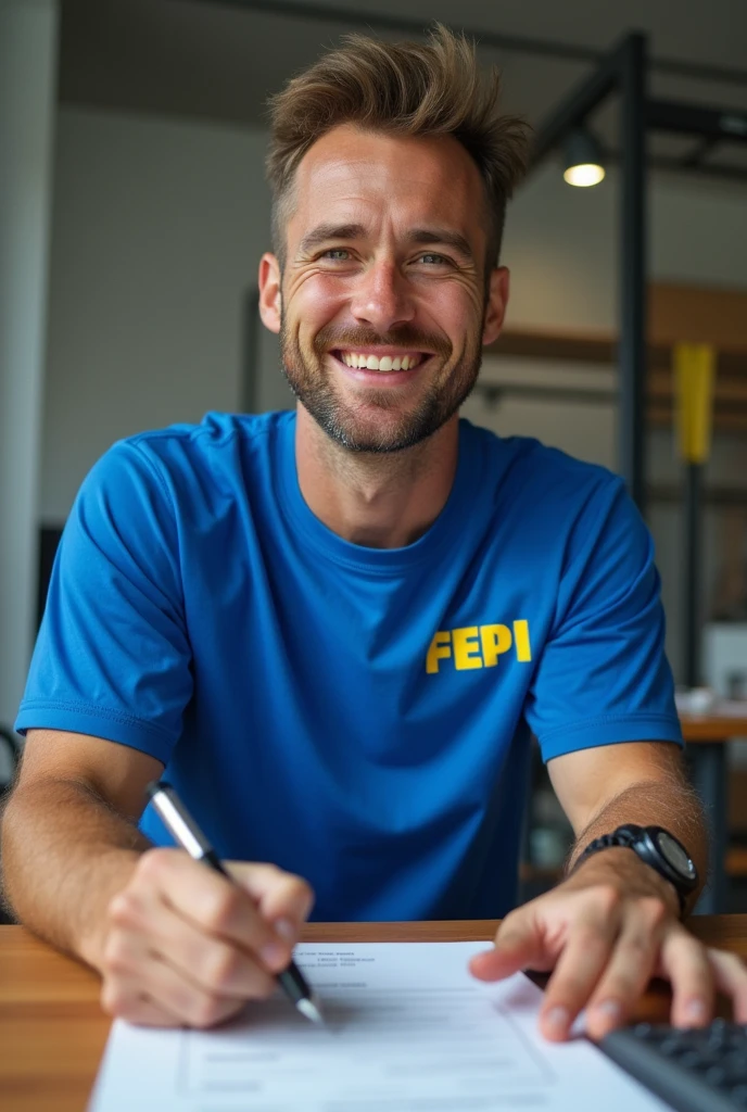 make a trainer with sportswear, being a blue t-shirt with FEPI written in yellow, sitting at a table writing on a training sheet. 