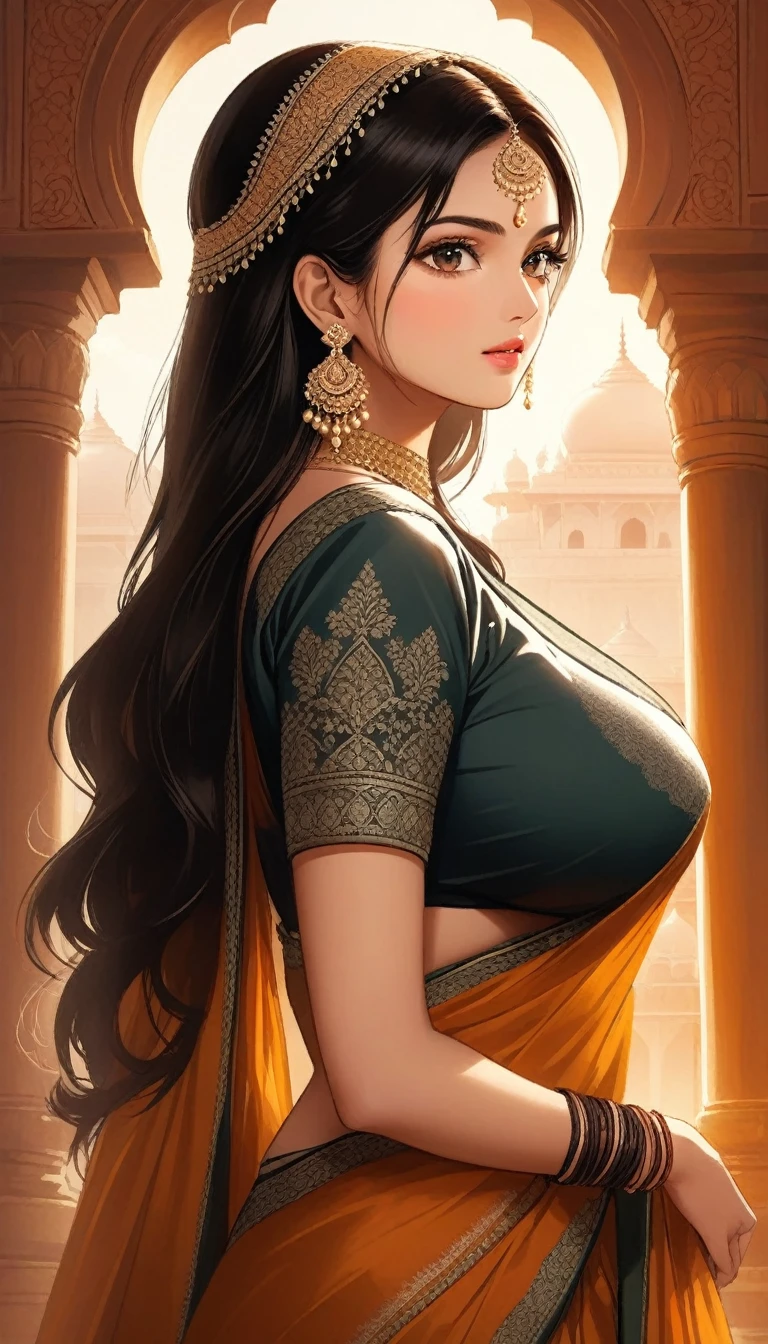 (best quality,highres,realistic:1.37)india's most beautiful lady,digital art wonders,princesscore,realistic historical fiction,charming detailed eyes and lips,fierce expression,historical attire,richly embroidered clothing,gold jewelry,dark wavy hair cascading down her back,flowing colorful silk saree,ornate palace in the background,historical architecture,detailed hand gestures,light amber candlelight,soft shadows and highlights,delicate facial features,meticulous attention to detail,subtle nuances of emotion,depth and richness in colors,expressive eyes that convey a sense of longing and strength,royal elegance and regal pose,graceful and confident stance,traditional henna patterns on her hands and feet,dusky complexion that glows in the warm light,realism with a touch of fantasy,impressive artistry,digital brushstrokes,soft and dreamlike ambiance,ethereal beauty,rich cultural heritage,indian art and folklore blended with contemporary digital techniques,masterpiece painting,pristine skin complexion,gorgeous traditional makeup,ornamental hair accessories,vibrant colors with a touch of darkness,dark white and light amber color palette,evocative and captivating art that tells a story,attention to historical accuracy while adding a touch of imagination,detailed background with architectural elements and intricate designs,deep emotional connection with the viewer.,big breasts, earrings