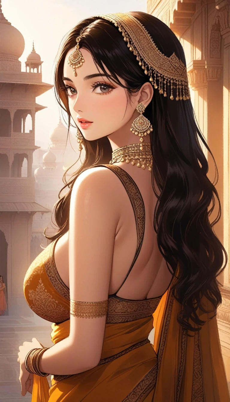 (best quality,highres,realistic:1.37)india's most beautiful lady,digital art wonders,princesscore,realistic historical fiction,charming detailed eyes and lips,fierce expression,historical attire,richly embroidered clothing,gold jewelry,dark wavy hair cascading down her back,flowing colorful silk saree,ornate palace in the background,historical architecture,detailed hand gestures,light amber candlelight,soft shadows and highlights,delicate facial features,meticulous attention to detail,subtle nuances of emotion,depth and richness in colors,expressive eyes that convey a sense of longing and strength,royal elegance and regal pose,graceful and confident stance,traditional henna patterns on her hands and feet,dusky complexion that glows in the warm light,realism with a touch of fantasy,impressive artistry,digital brushstrokes,soft and dreamlike ambiance,ethereal beauty,rich cultural heritage,indian art and folklore blended with contemporary digital techniques,masterpiece painting,pristine skin complexion,gorgeous traditional makeup,ornamental hair accessories,vibrant colors with a touch of darkness,dark white and light amber color palette,evocative and captivating art that tells a story,attention to historical accuracy while adding a touch of imagination,detailed background with architectural elements and intricate designs,deep emotional connection with the viewer.,big breasts, earrings