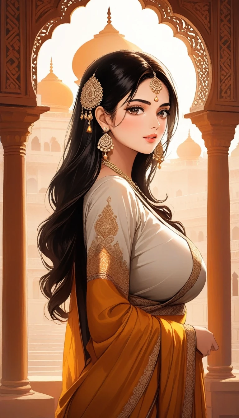 (best quality,highres,realistic:1.37)india's most beautiful lady,digital art wonders,princesscore,realistic historical fiction,charming detailed eyes and lips,fierce expression,historical attire,richly embroidered clothing,gold jewelry,dark wavy hair cascading down her back,flowing colorful silk saree,ornate palace in the background,historical architecture,detailed hand gestures,light amber candlelight,soft shadows and highlights,delicate facial features,meticulous attention to detail,subtle nuances of emotion,depth and richness in colors,expressive eyes that convey a sense of longing and strength,royal elegance and regal pose,graceful and confident stance,traditional henna patterns on her hands and feet,dusky complexion that glows in the warm light,realism with a touch of fantasy,impressive artistry,digital brushstrokes,soft and dreamlike ambiance,ethereal beauty,rich cultural heritage,indian art and folklore blended with contemporary digital techniques,masterpiece painting,pristine skin complexion,gorgeous traditional makeup,ornamental hair accessories,vibrant colors with a touch of darkness,dark white and light amber color palette,evocative and captivating art that tells a story,attention to historical accuracy while adding a touch of imagination,detailed background with architectural elements and intricate designs,deep emotional connection with the viewer.,big breasts, earrings
