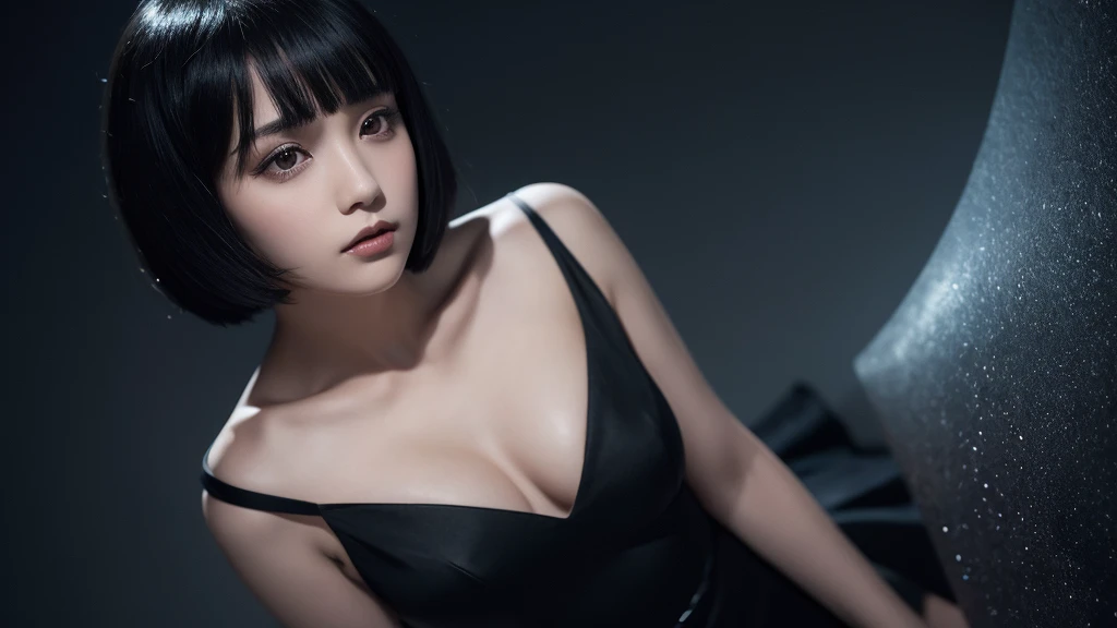 Delicate and dainty young woman with shiny bob-cut black hair . She is wearing black dress. The background is a fantastic and ethereal night sky that seems to be haunted by a specter. Her expression is stern and atmospheric. Angle from directly below.